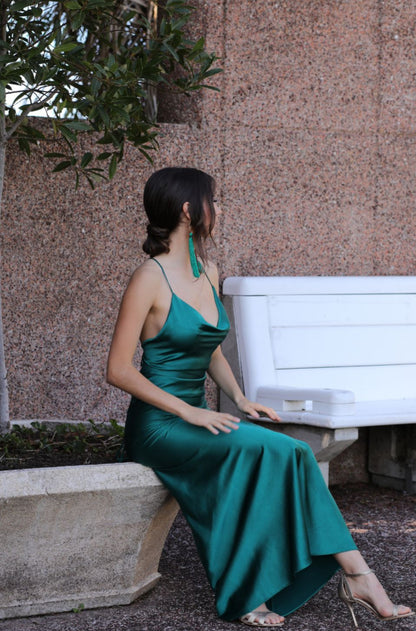 Tulum Satin Ankle Dress In Emerald Green
