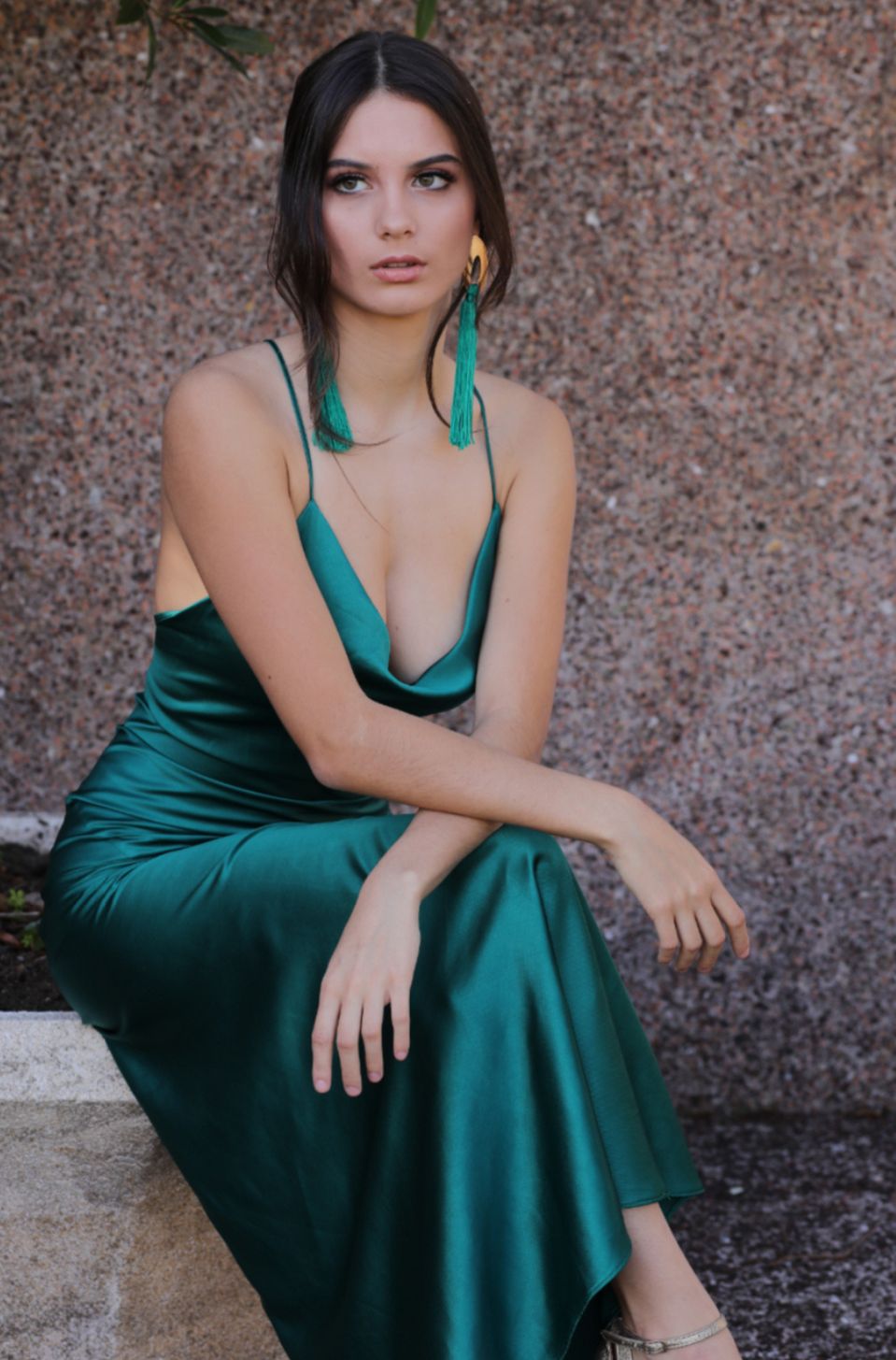 Tulum Satin Ankle Dress In Emerald Green