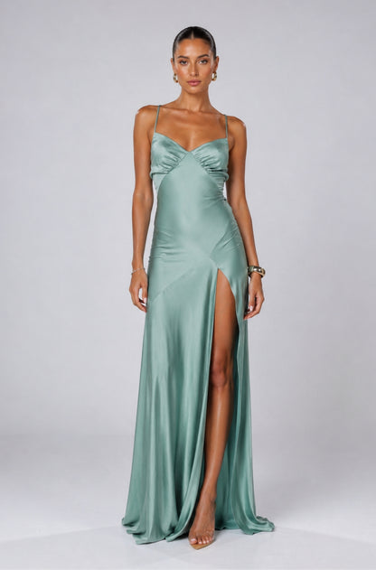 Seville Satin Maxi Dress In Teal