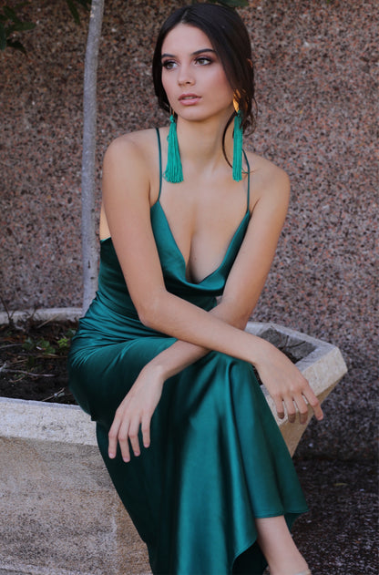 Tulum Cowl Neck Satin Maxi Dress In Emerald Green