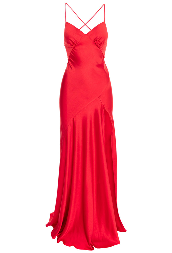 Seville Satin Maxi Dress In Coral Red