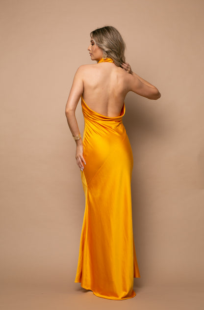 Capri Satin Maxi Dress in Yellow