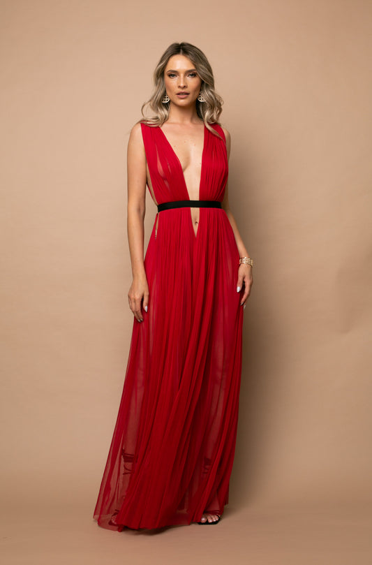 Santorini Cut Out Silk Tulle Dress in Red