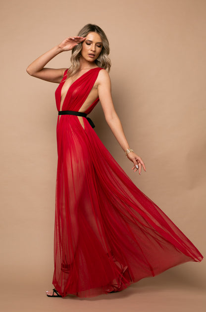 Santorini Cut Out Silk Tulle Dress in Red