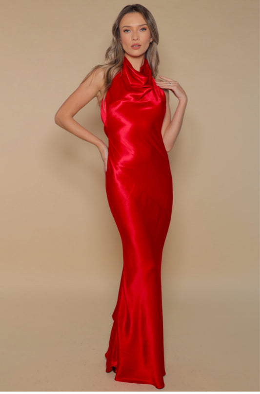 Capri Satin Maxi Dress in Red