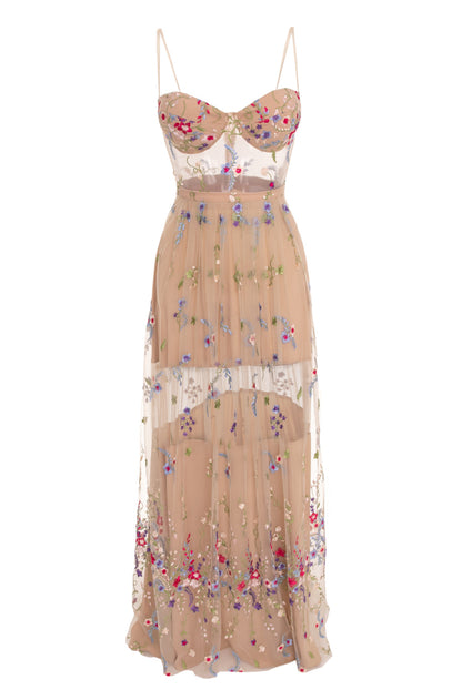 Marseille Embroidery Tulle Maxi Dress in Nude